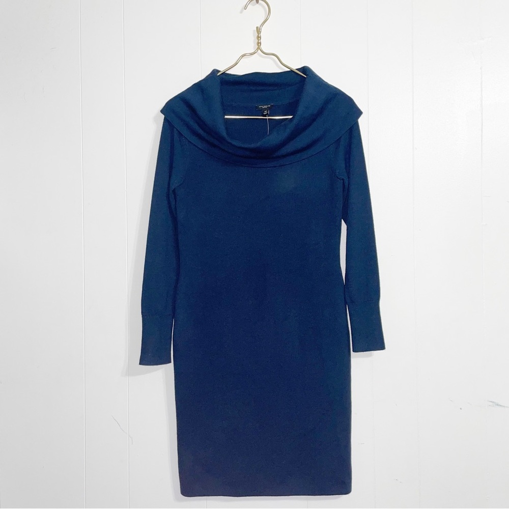 Ann Taylor Cowl Neck Sheath Dress Wool Blend Ribbed Small Petite SP Blue Career